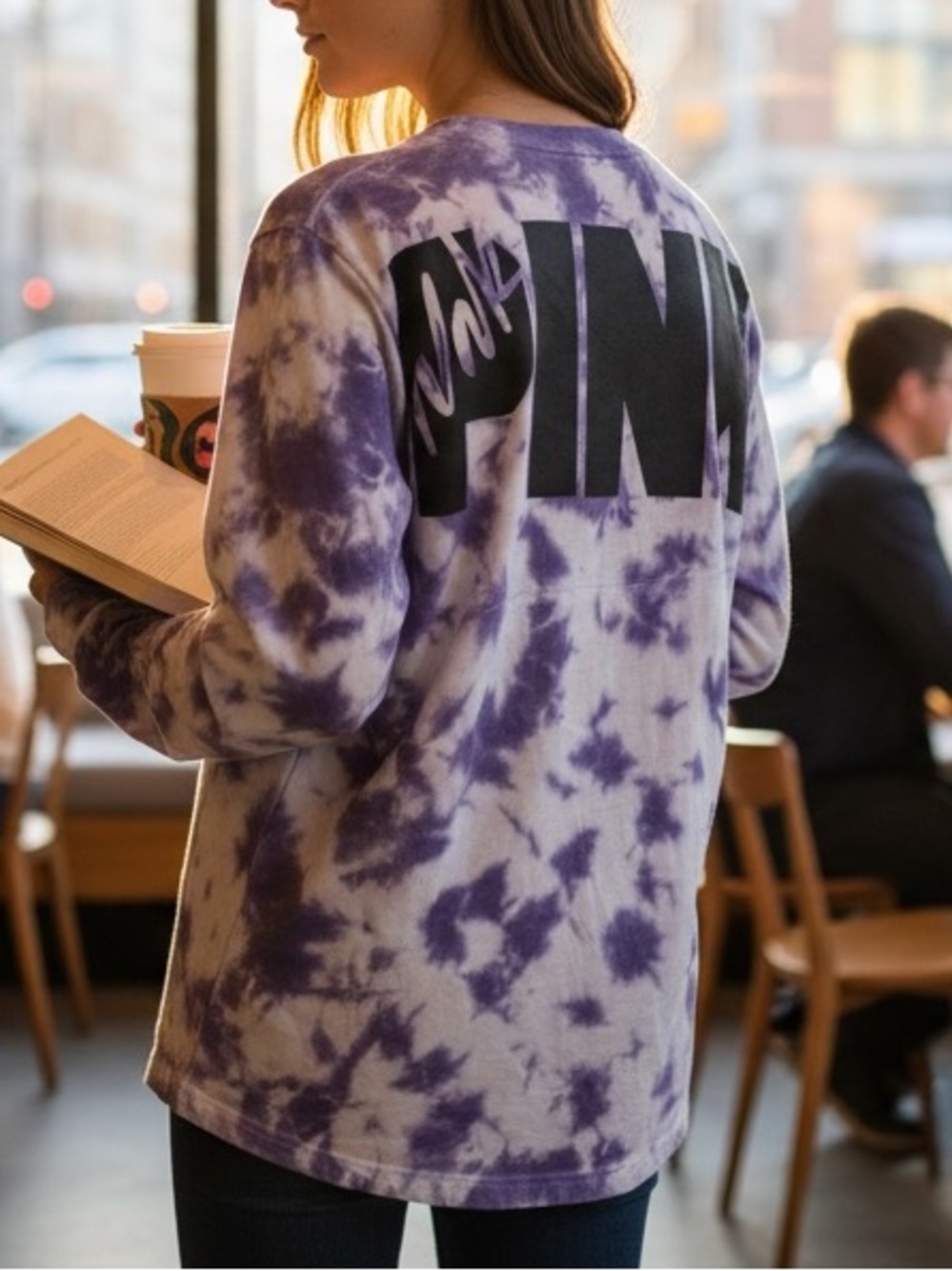 Victoria's Secret PINK Oversized Varsity Tie-Dye Shirt Purple/White L